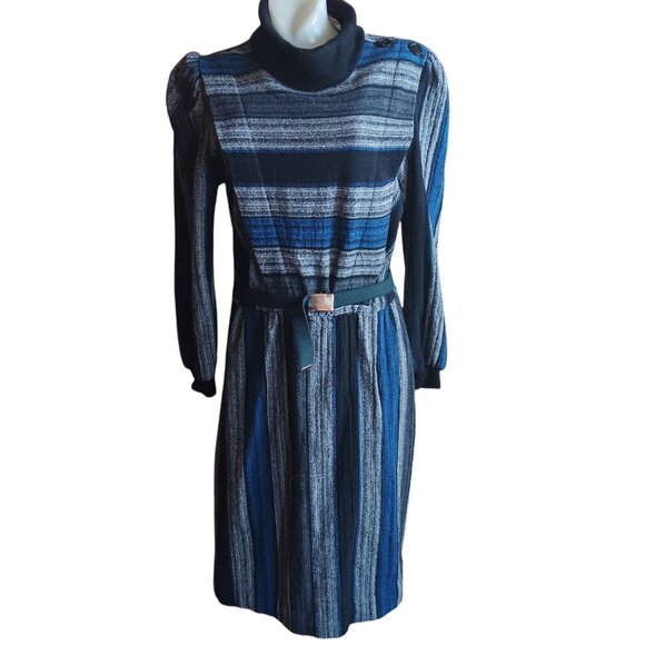 sz 13-14 Vintage New Wave Dress 1980's P.V. Rich Striped Knit Belted Made In USA - Picture 1 of 11